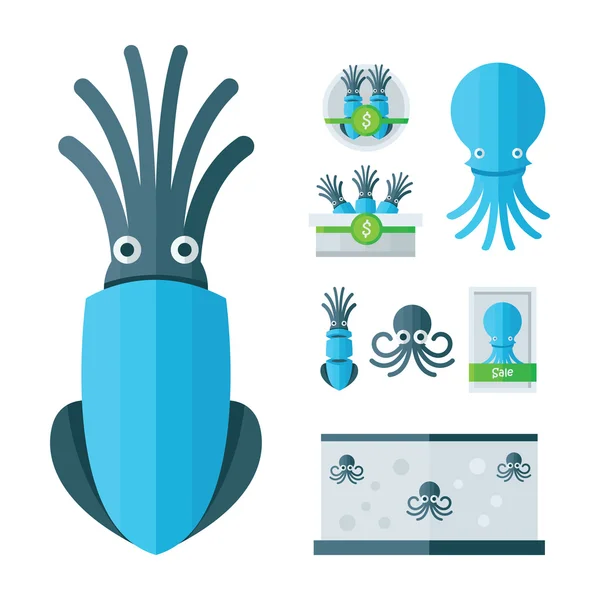Infographic blue Squid Cartoon set — стоковый вектор