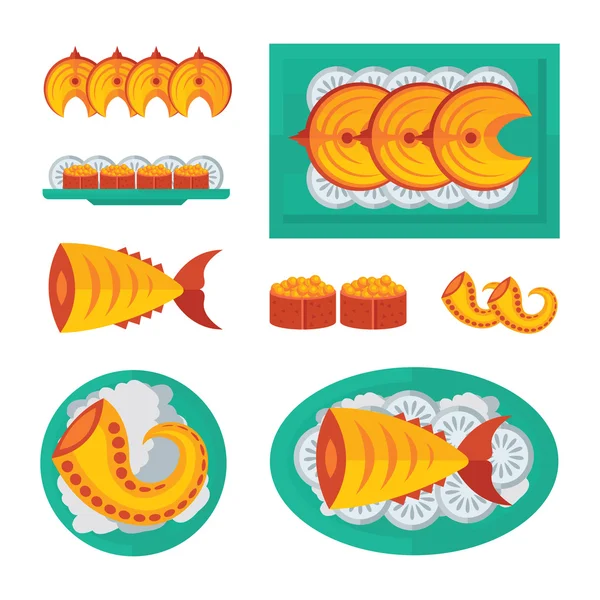 Peixe bife de cor azul, laranja e infográfico de salada —  Vetores de Stock