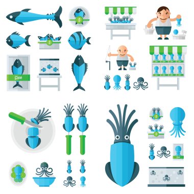 Infographic mavi, yeşil renk mürekkep balığı ve deniz gıda ayarla