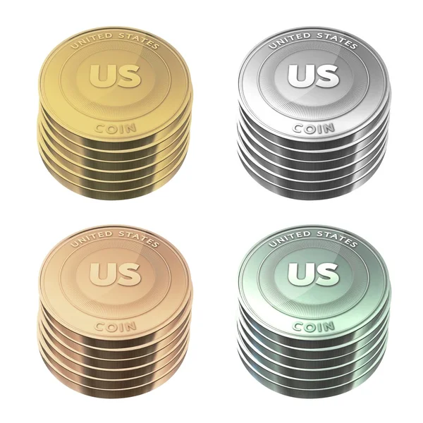 ESTADOS UNIDOS Monedas apiladas de cuatro colores sobre fondo — Foto de Stock