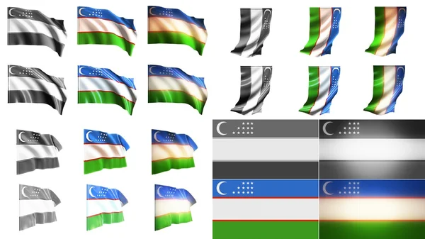 Uzbekistan flags waving styles small size set — Stock Photo, Image