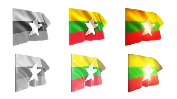 Myanmar banderas ondeando conjunto 6 en 1 estilos athwart — Foto de Stock