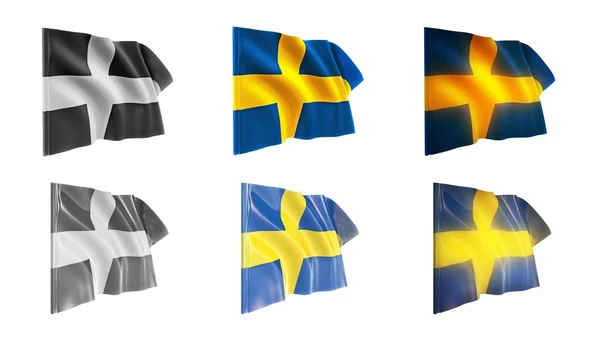 Sweden  flags waving set 6 in 1 athwart styles — Stock Photo, Image