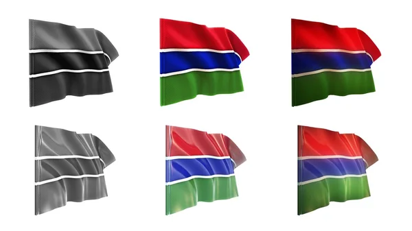 Gambia flags waving set 6 in 1 athwart styles — Stock Photo, Image