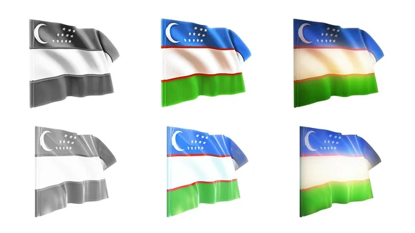 Uzbekistan  flags waving set 6 in 1 athwart styles — Stock Photo, Image