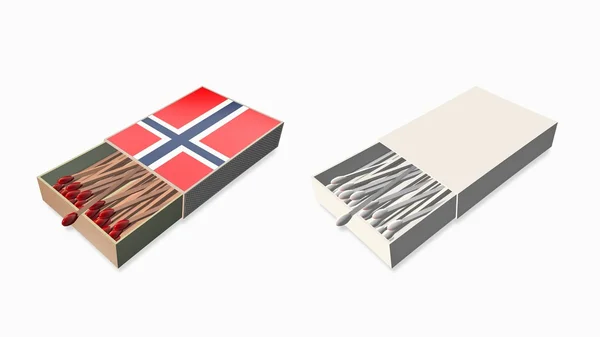 Beyaz renk ve doku 3d kibrit kutusu sette Norveç bayrakları — Stok fotoğraf