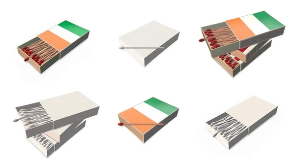 Cote d 'ivoire bandeiras textura no conjunto de caixa de fósforos 3d — Fotografia de Stock