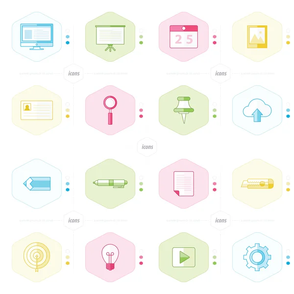 Office icon set, blue, green, pink, yellow color style — Stock Vector