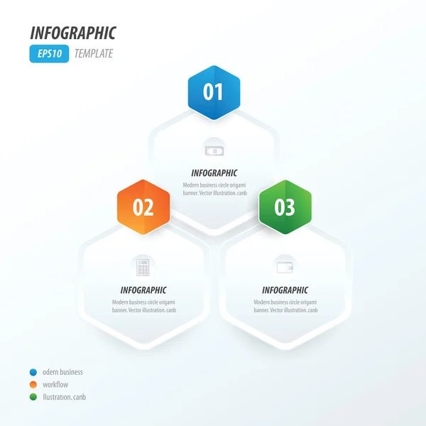 Infografía hexágono verde, naranja, azul — Vector de stock