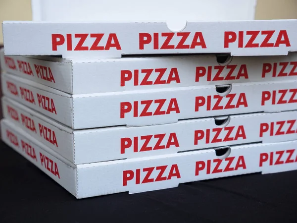 Stack White Pizza Boxes Red Letters Take Away Concept — Stock Photo, Image