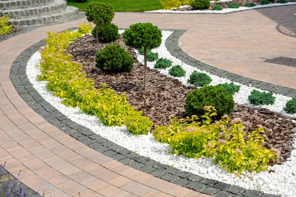 Landscape design. Landscape design with plants, tree bark and white pebbles