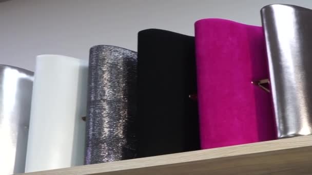 棚の上に異なる色の女性のハンドバッグ — ストック動画