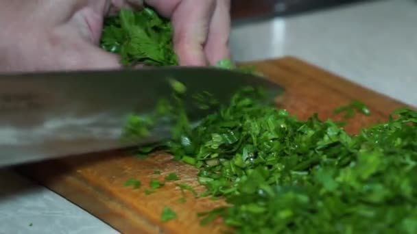 Cozinheiro Com Uma Faca Grande Finamente Chops Salsa — Vídeo de Stock