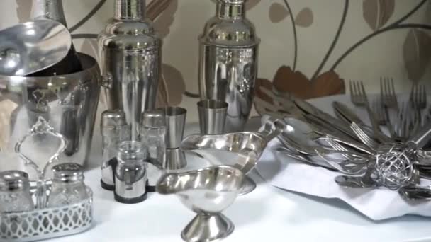 Various Kitchen Utensils Including Forks Spoons Salt Shaker Kettle Measuring — Stock Video