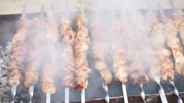 Şişler ev yapımı ızgarada kızarır. Büyük et parçalarını ateşte kızart. Video kapanıyor