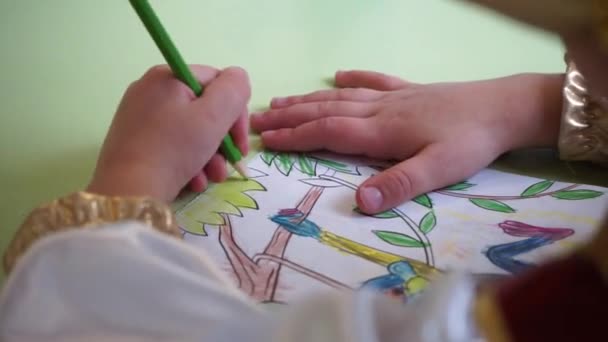 Παιδί Ζωγραφίζει Ένα Μολύβι Χαρτί — Αρχείο Βίντεο