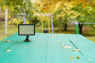 Bahçede sonbahar renklerini gösteren yemyeşil ağaçlarla çevrili yeşil bir masada taşınabilir bir ışık duruyor..