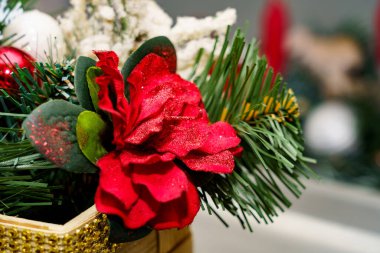 Yakından bakınca, yeşil yapraklar arasında parlak kırmızı bir çiçek görünüyor. Dekorasyon ve festival renklerini içeriyor.