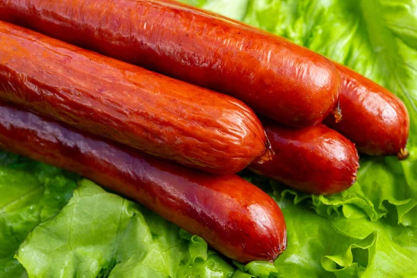 Sosisler yeşil marul yatağında uzanır, bir yemekte ya da bir açık hava etkinliğinde servis edilmeye hazırdırlar. Taze ve çekici görünüyorlar..