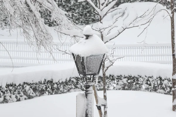 Lamppost in a snow filled park during a heavy snowfall