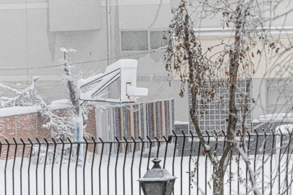 Neige Sur Lampadaire Avec Filet Basket Totalement Gelé Derrière Lors — Photo