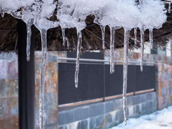 Icicles of ice formed during the night after the thawing of the snow that left the storm Filomena