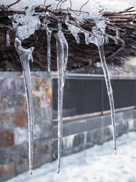 Icicles Ice Formed Night Thawing Snow Left Storm Filomena — Stock Photo, Image