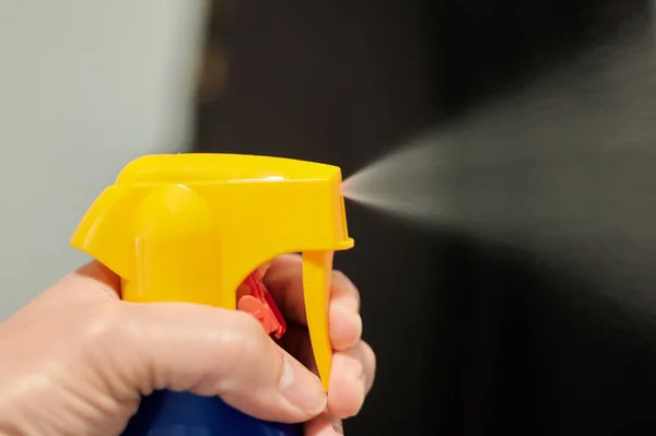 Close Man Hand Spraying Disinfectant Liquid Prevent Covid Spray — Stock Photo, Image