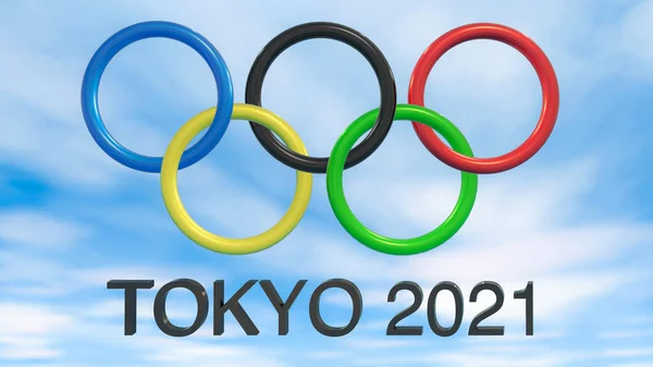 Tokyo Japan 2021 Рендеринг Кольорових Олімпійських Кілець Тлі Синього Неба — стокове фото