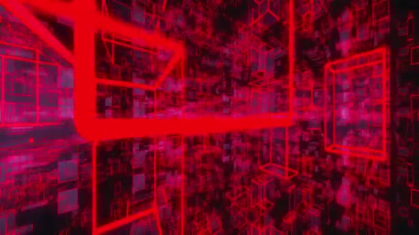 未来的で非現実的な立方体の部屋の3Dレンダリングでは 反射室内に赤と透明の頂点があり 黒の背景に何百もの構造物を作成する形を反映しています — ストック動画
