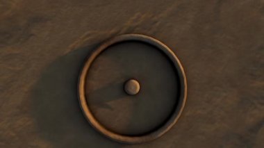 Güneşin bir taş güneş saatini aydınlatan hareketinin 3 boyutlu görüntülemesi ve zamanı ve Tanrı Ra 'nın Mısır hiyeroglifini işaret eden Roma rakamlarına gölge düşürmek, güneş diski.