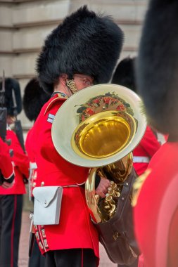 Londra, İngiltere; 04-21-2016: Grubun bir kısmının yansıtıldığı muhafız değişimi sırasında tuba çalan İngiliz kraliyet muhafızı asker