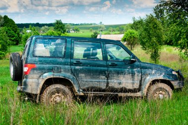 Çimenlerin üzerinde kirli jeep