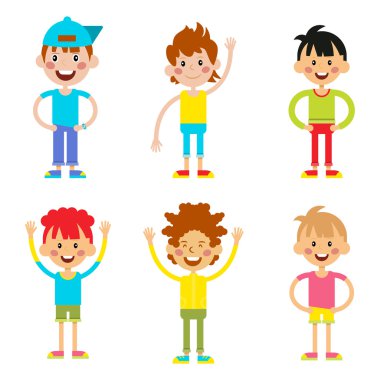 Sevimli mutlu çizgi çocuklar karakter çocukluk genç aktif yaşam tarzı vektör çizim ayarla.