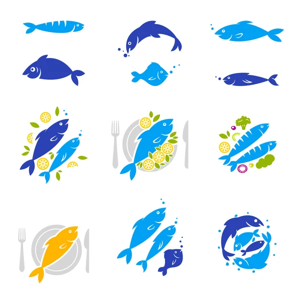 Sada vinobraní a moderní logo mořské plody restaurace etikety. — Stockový vektor