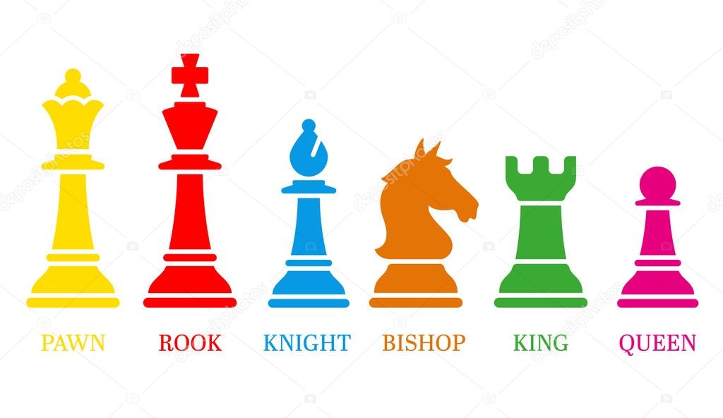 Set of named chess piece vector icons colored silhouettes on white showing the king queen rook bishop knight and pawn.