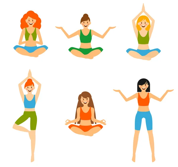 Set con hermosa mujer ejercitando diversas posturas diferentes de yoga de entrenamiento — Vector de stock