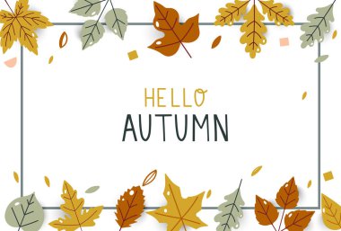 Merhaba Sonbahar Parlak Sonbahar yaprakları. Tatil tanıtımı için. Sonbahar eli çizilmiş. Poster, kart, davetiye, pankart, broşür, broşür için tasarım. Vektör şablonları.