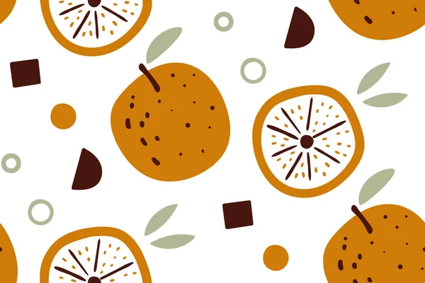 Papel pintado de cítricos. Patrón sin costura vectorial con naranjas aisladas sobre fondo blanco. Frutas frescas. Alimento biológico vegetariano. Estilo escandinavo. Elementos vectoriales dibujados a mano sobre fondo blanco. — Vector de stock