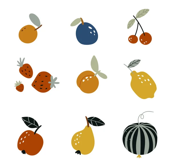 Conjunto de frutas de jardín de estilo plano sobre fondo blanco. Cosecha de otoño. Doodle frutas. Pera, melocotón, fresa dibujadas a mano. Fruta orgánica tropical, deliciosa comida de cocina. — Vector de stock