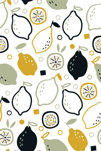 Patrón sin costuras con limones frescos para tela, etiquetas de dibujo, impresión en camiseta, papel pintado de la habitación de los niños, fondo de fruta. Textura tropical con frutas amarillas. Estilo escandinavo. — Vector de stock