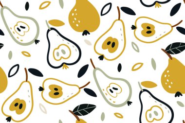 Beyaz zemin üzerinde armutlar izole edilmiş vektörsüz desen. Yaz meyvelerinin el çizimi. Taze tasarım duvar kâğıdı, hediye paketi, kumaş için harika. Bir dalda yeşil armut.