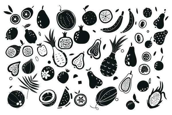 Siluetas de frutas y verduras. Ilustración vectorial. Frutas exóticas. Impresión para bolsas, etiquetas para tiendas, embalaje, publicidad. — Vector de stock