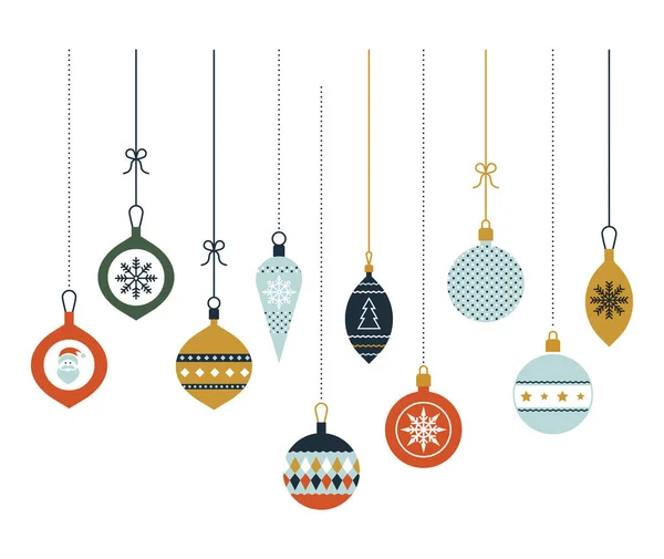 Colgando bolas de vidrio de Navidad. Decoración de Navidad. Iconos vectoriales en un estilo plano. Conjunto de elementos gráficos. Tarjeta de felicitación de Feliz Navidad con adornos modernos. Ilustración De Stock