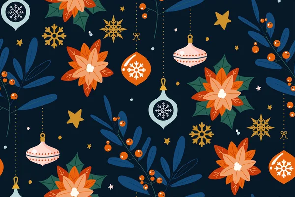 Sömlöst mönster med blommigt. Design av juldekoration. Jul bakgrund med grenar, bär, blommor och glas bollar. Kan användas för vintersemester inbjudningar, gratulationskort, utskrifter. Royaltyfria Stockvektorer