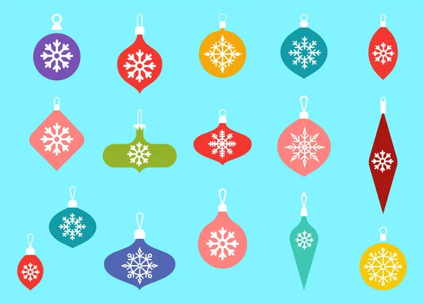 Kerstballen hangend ornamenten. Met de hand getekend kerstbal illustratie met groeten. Glazen speelgoed met sneeuwvlokken. Vector platte pictogrammen. — Stockvector