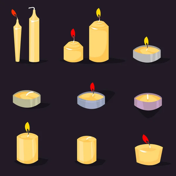 Candles in a flat style. Cartoon burning candles with candle holder and fire wax flame bright decoration flat vector. — Stock Vector