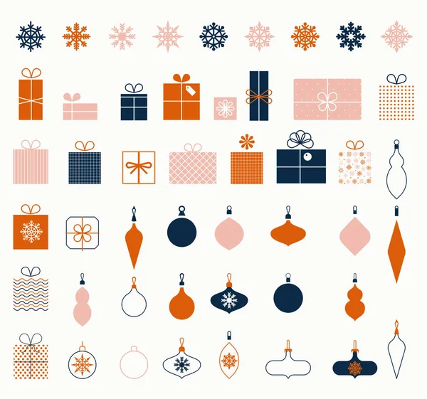 Świąteczne płatki śniegu. Prezenty noworoczne. Elementy dekoracyjne w płaskim stylu na wakacje i kartki okolicznościowe. Świąteczne bombki. Zestaw ikon zimowych. stylizowane pudełka. Ilustracje Stockowe bez tantiem
