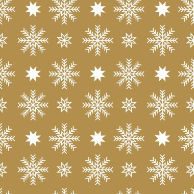 Vector seamless pattern with snowflakes and stars on a silver background. Winter holidays texture. Repeat design for decor, wallpapers, wrapping, website. Christmas background. Abstract geometric.