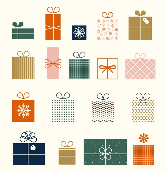 Beyaz arka planda izole edilmiş, düz stil Noel hediyeleri. Yeni yıl kutuları. Tarz sahibi hediye kutuları. Noel kartları için grafik elementler. Doğum günü hediyesi. Stok Vektör